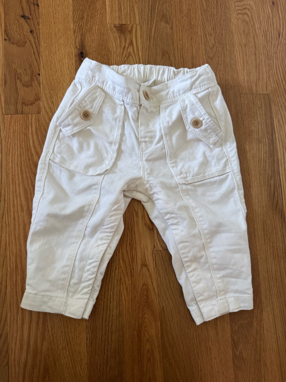 Baby boy 12-18 month ivory Cotton Pants - Button Pocket Detail, snap bottom